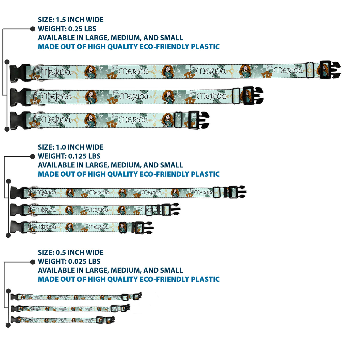 Plastic Clip Collar - Brave Merida Castle and Three Bear Brothers Pose with Script Greens Dog Collars Plastic Clip Side Release Disney