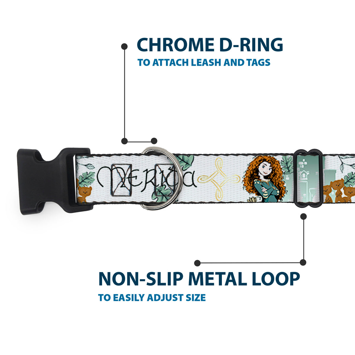 Plastic Clip Collar - Brave Merida Castle and Three Bear Brothers Pose with Script Greens Dog Collars Plastic Clip Side Release Disney