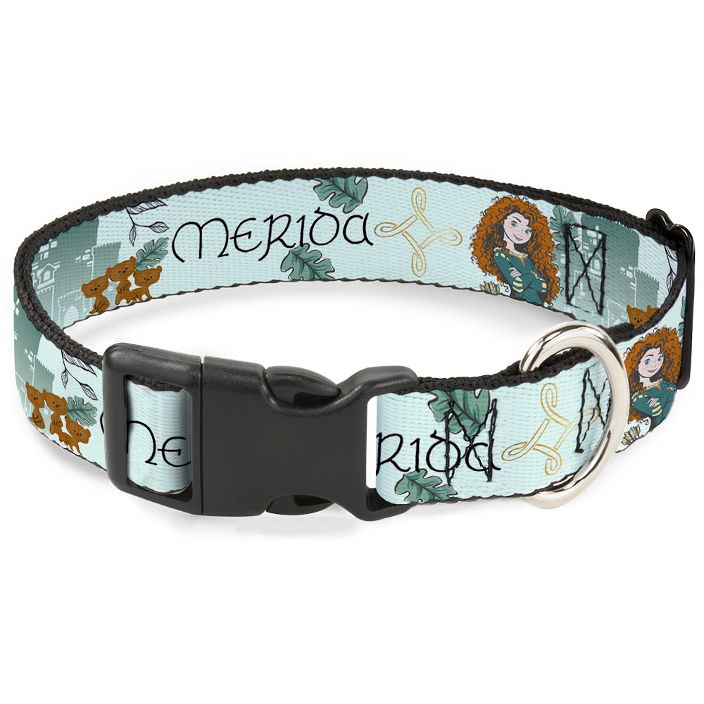 Plastic Clip Collar - Brave Merida Castle and Three Bear Brothers Pose with Script Greens Dog Collars Plastic Clip Side Release Disney