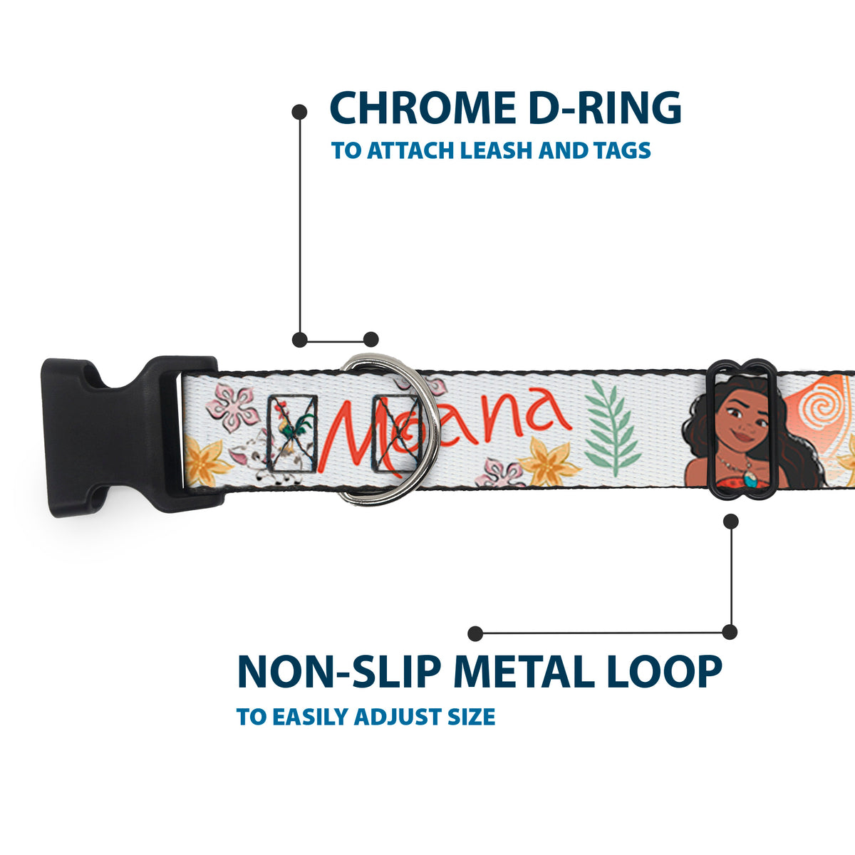 Plastic Clip Collar - Moana with Pua and Hei Hei Sail Pose with Script and Flowers Beige/Orange Dog Collars Plastic Clip Side Release Disney