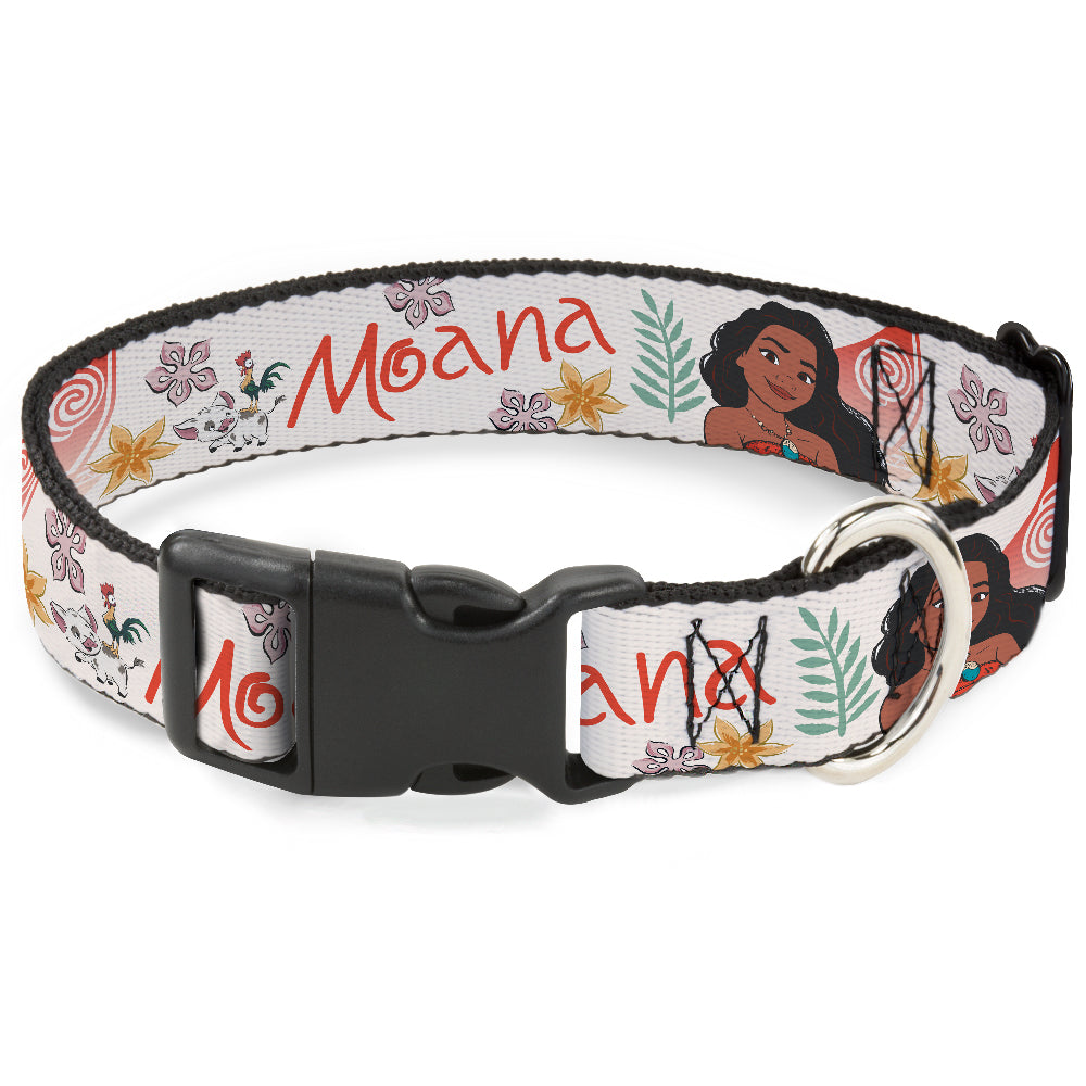 Plastic Clip Collar - Moana with Pua and Hei Hei Sail Pose with Script and Flowers Beige/Orange Dog Collars Plastic Clip Side Release Disney
