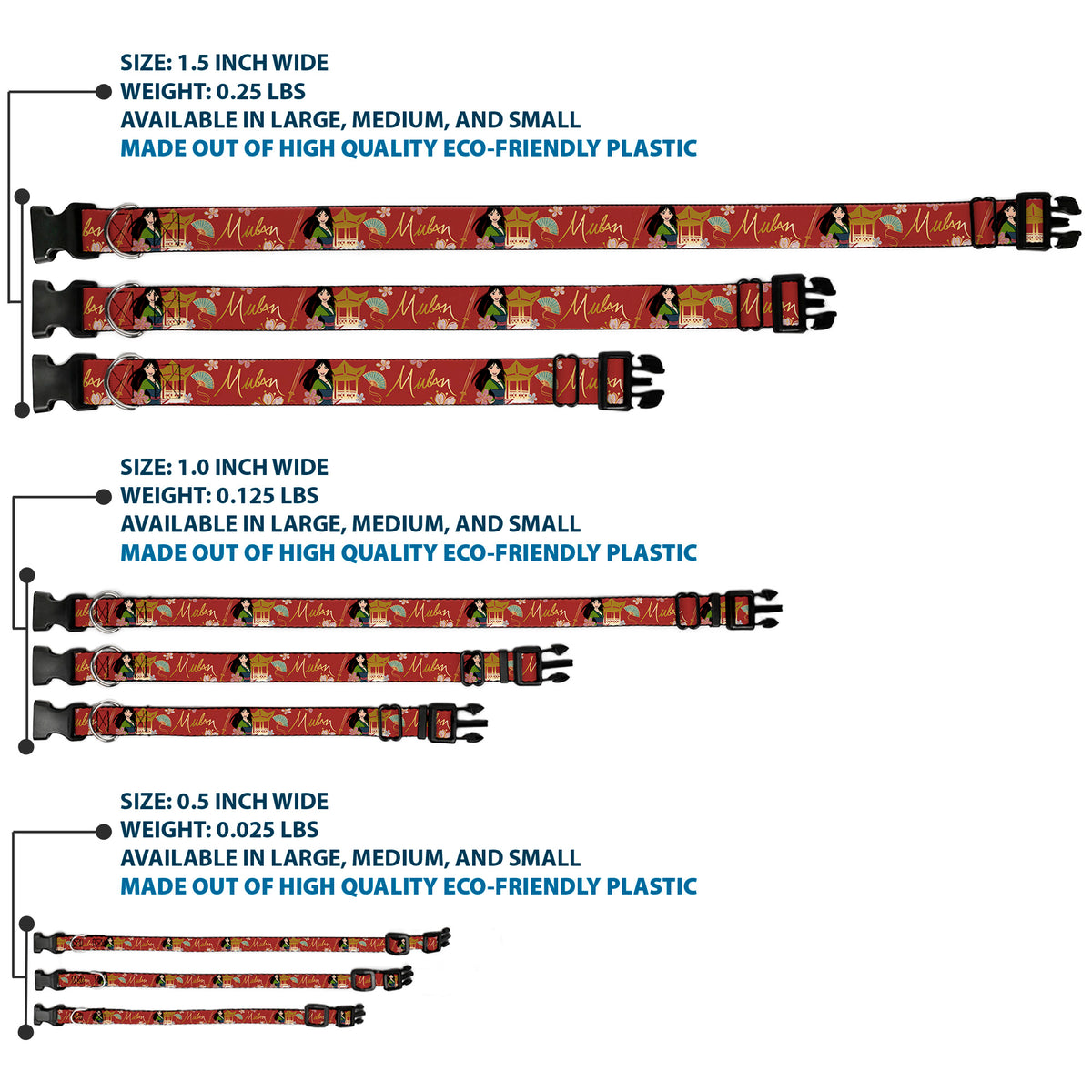 Plastic Clip Collar - Mulan Gazebo Pose with Flowers and Script Red/Golds Dog Collars Plastic Clip Side Release Disney