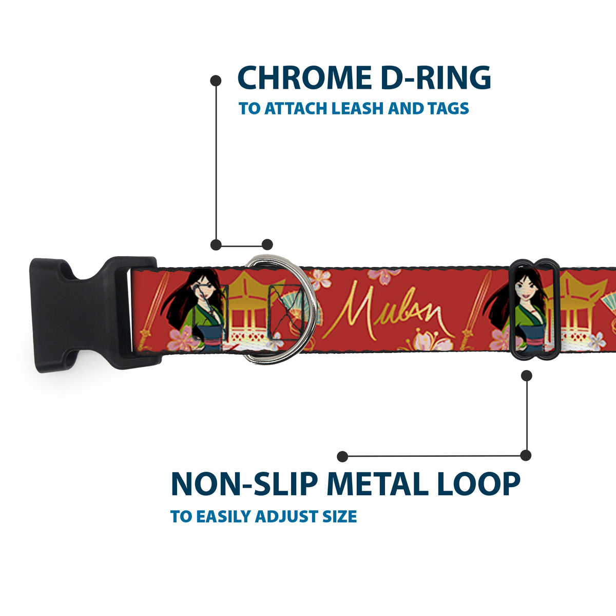 Plastic Clip Collar - Mulan Gazebo Pose with Flowers and Script Red/Golds Dog Collars Plastic Clip Side Release Disney