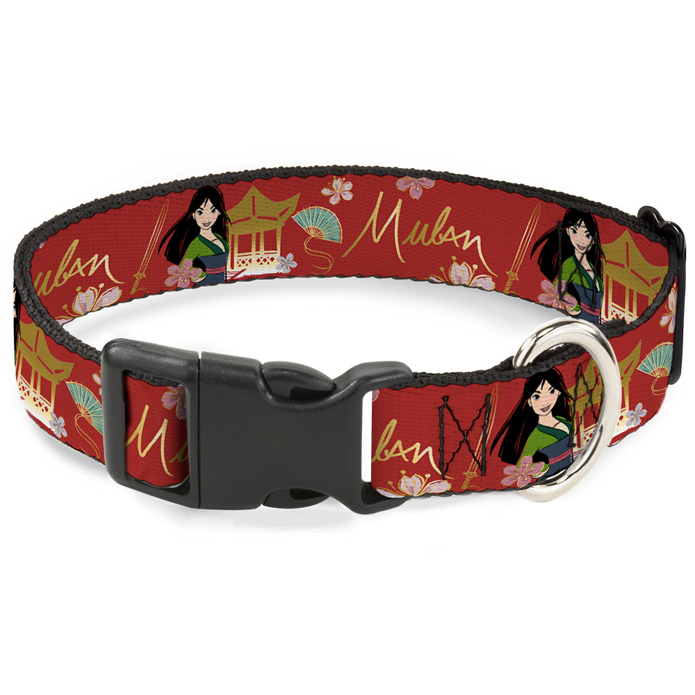Plastic Clip Collar - Mulan Gazebo Pose with Flowers and Script Red/Golds Dog Collars Plastic Clip Side Release Disney