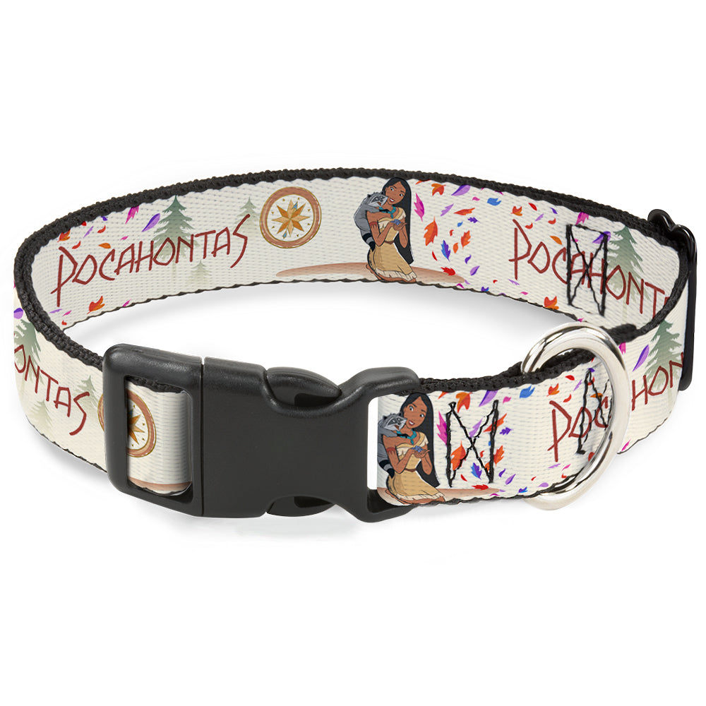 Plastic Clip Collar - Pocahontas and Meeko Compass Pose with Script and Leaves Beige Dog Collars Plastic Clip Side Release Disney