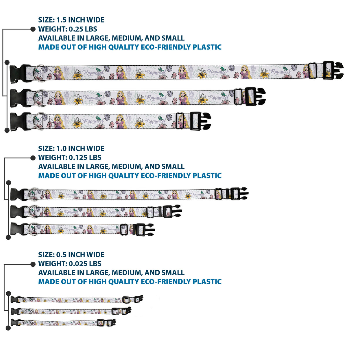 Plastic Clip Collar - Rapunzel Castle and Pascual Pose with Script and Flowers White/Purples Dog Collars Plastic Clip Side Release Disney