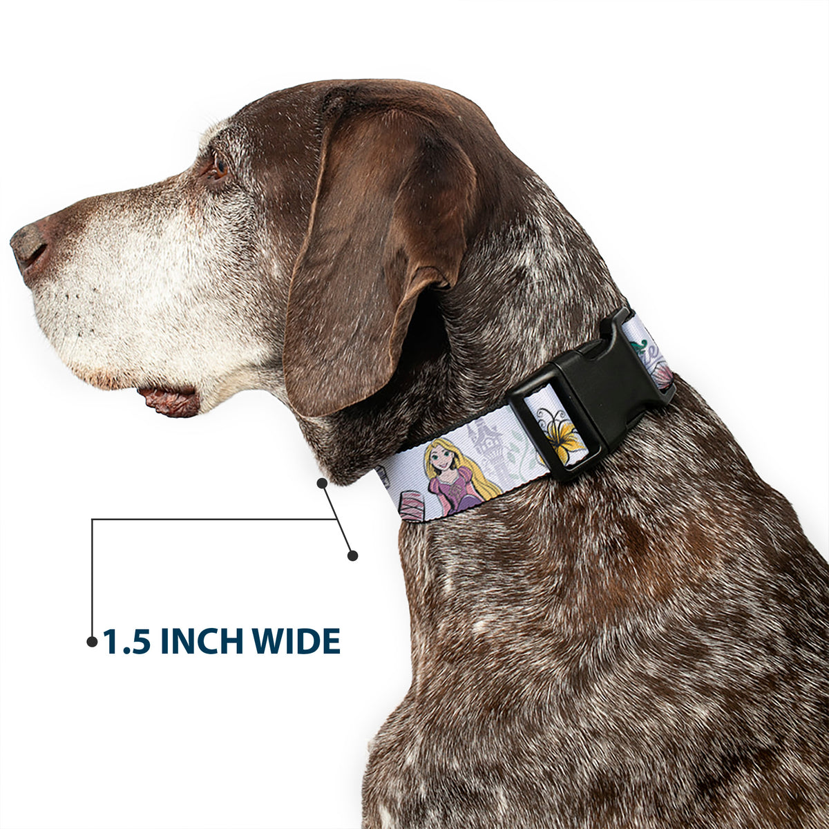 Plastic Clip Collar - Rapunzel Castle and Pascual Pose with Script and Flowers White/Purples Dog Collars Plastic Clip Side Release Disney