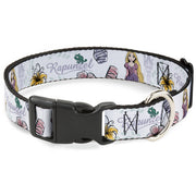 Plastic Clip Collar - Rapunzel Castle and Pascual Pose with Script and Flowers White/Purples Dog Collars Plastic Clip Side Release Disney