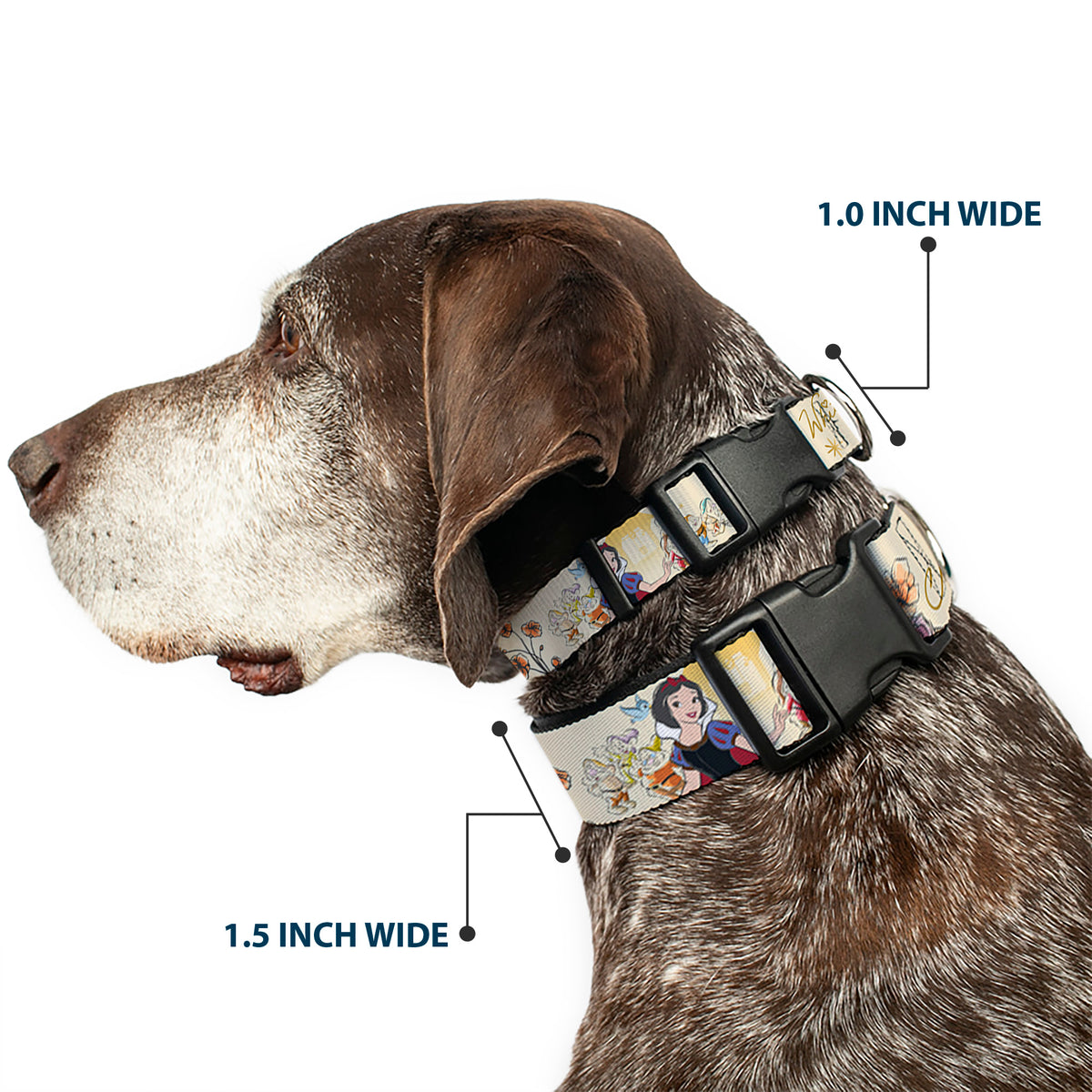 Plastic Clip Collar - Snow White and the Seven Dwarfs with Script and Flowers Yellows Dog Collars Plastic Clip Side Release Disney