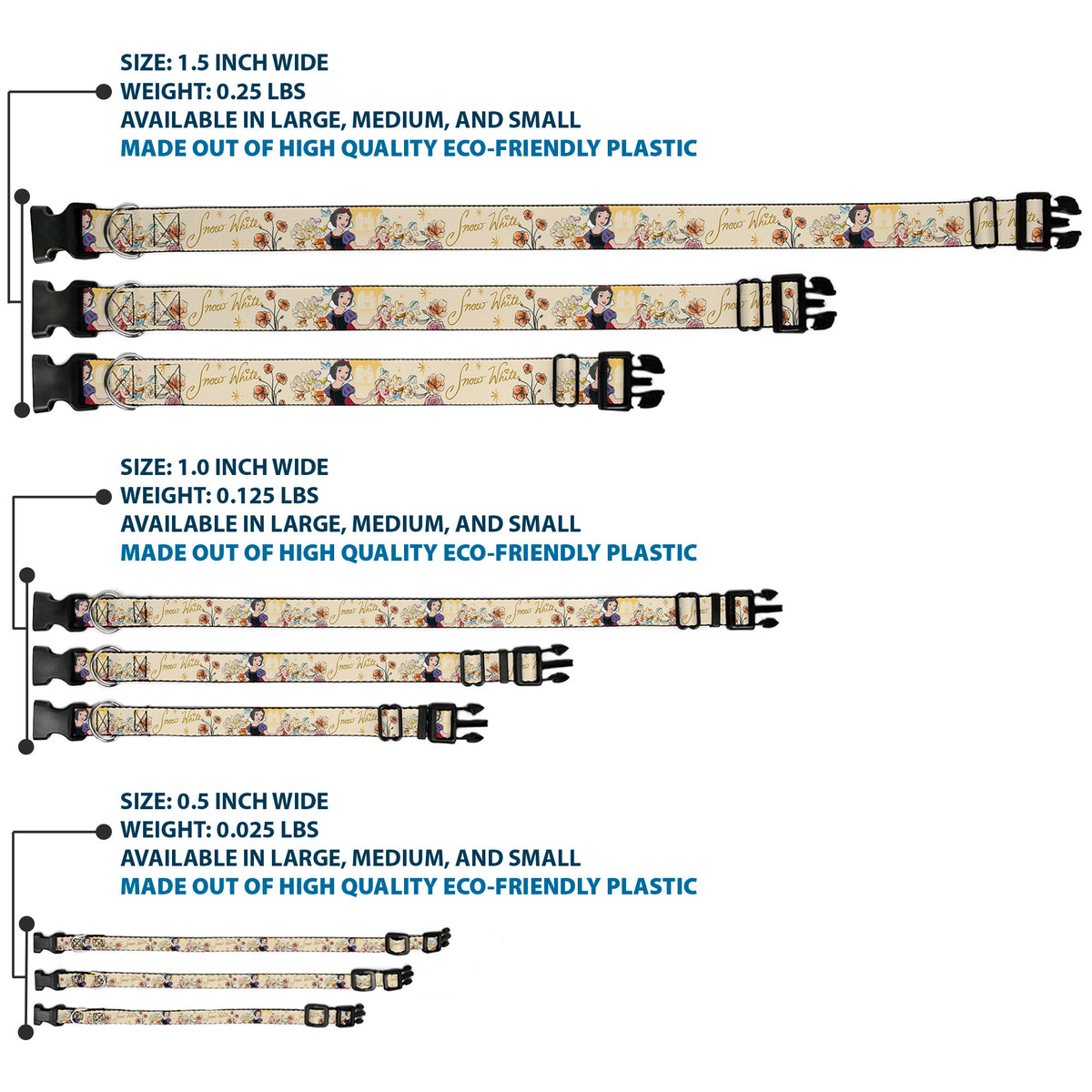 Plastic Clip Collar - Snow White and the Seven Dwarfs with Script and Flowers Yellows Dog Collars Plastic Clip Side Release Disney