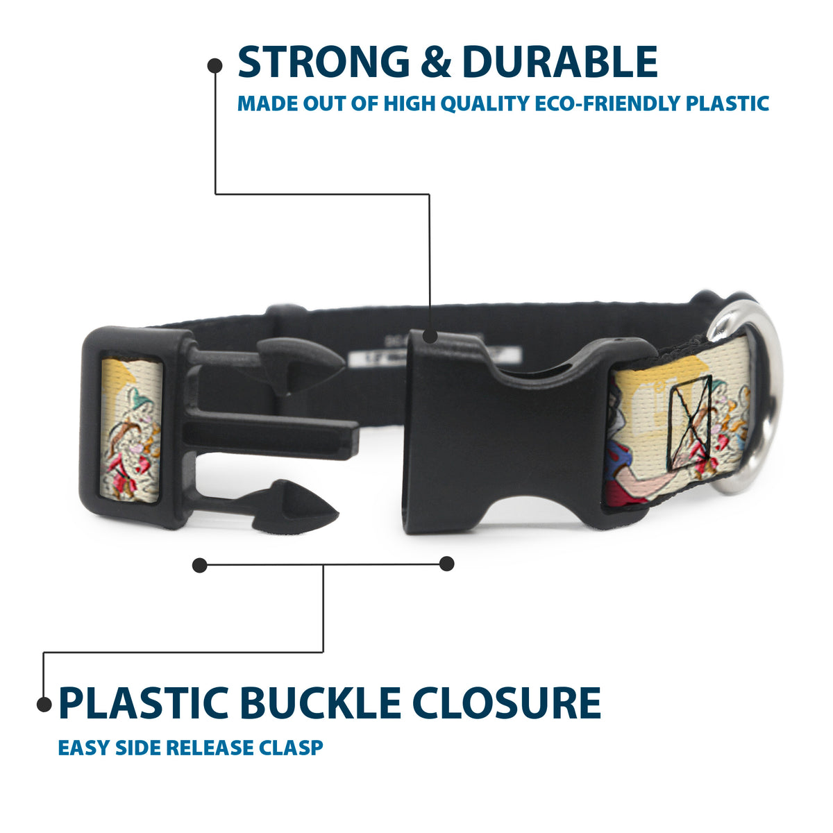 Plastic Clip Collar - Snow White and the Seven Dwarfs with Script and Flowers Yellows Dog Collars Plastic Clip Side Release Disney