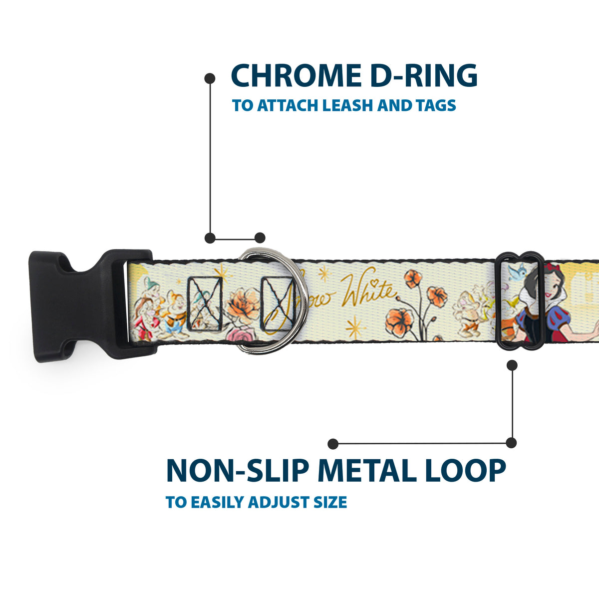 Plastic Clip Collar - Snow White and the Seven Dwarfs with Script and Flowers Yellows Dog Collars Plastic Clip Side Release Disney