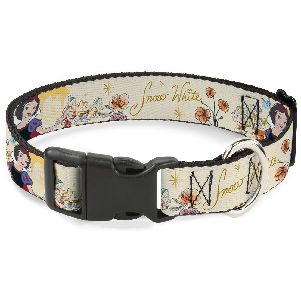 Plastic Clip Collar - Snow White and the Seven Dwarfs with Script and Flowers Yellows Dog Collars Plastic Clip Side Release Disney