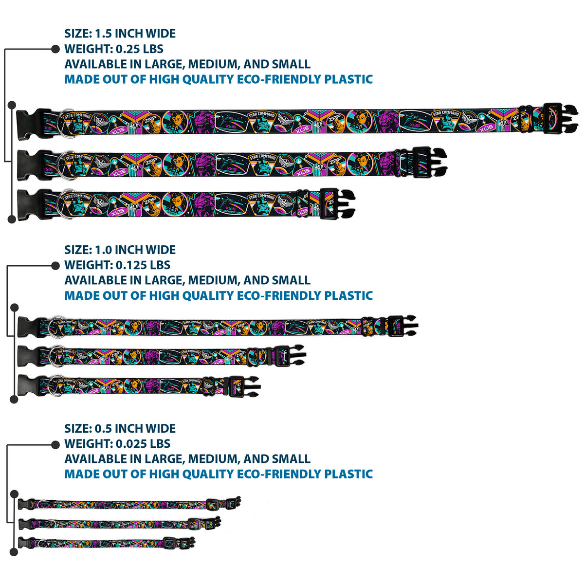 Plastic Clip Collar - Lightyear Mission Patches Collage Black/Multi Color Dog Collars Plastic Clip Side Release Disney