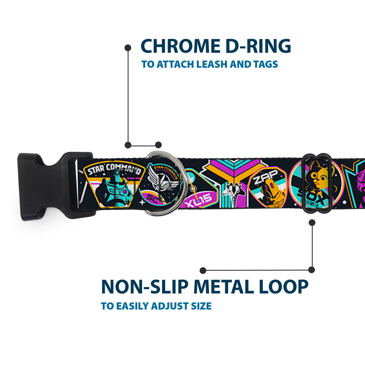 Plastic Clip Collar - Lightyear Mission Patches Collage Black/Multi Color Dog Collars Plastic Clip Side Release Disney
