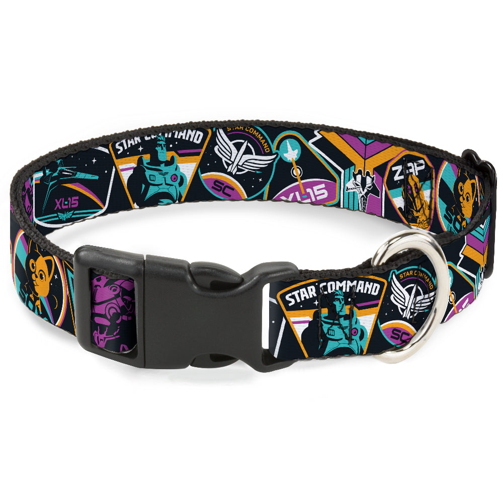 Plastic Clip Collar - Lightyear Mission Patches Collage Black/Multi Color Dog Collars Plastic Clip Side Release Disney