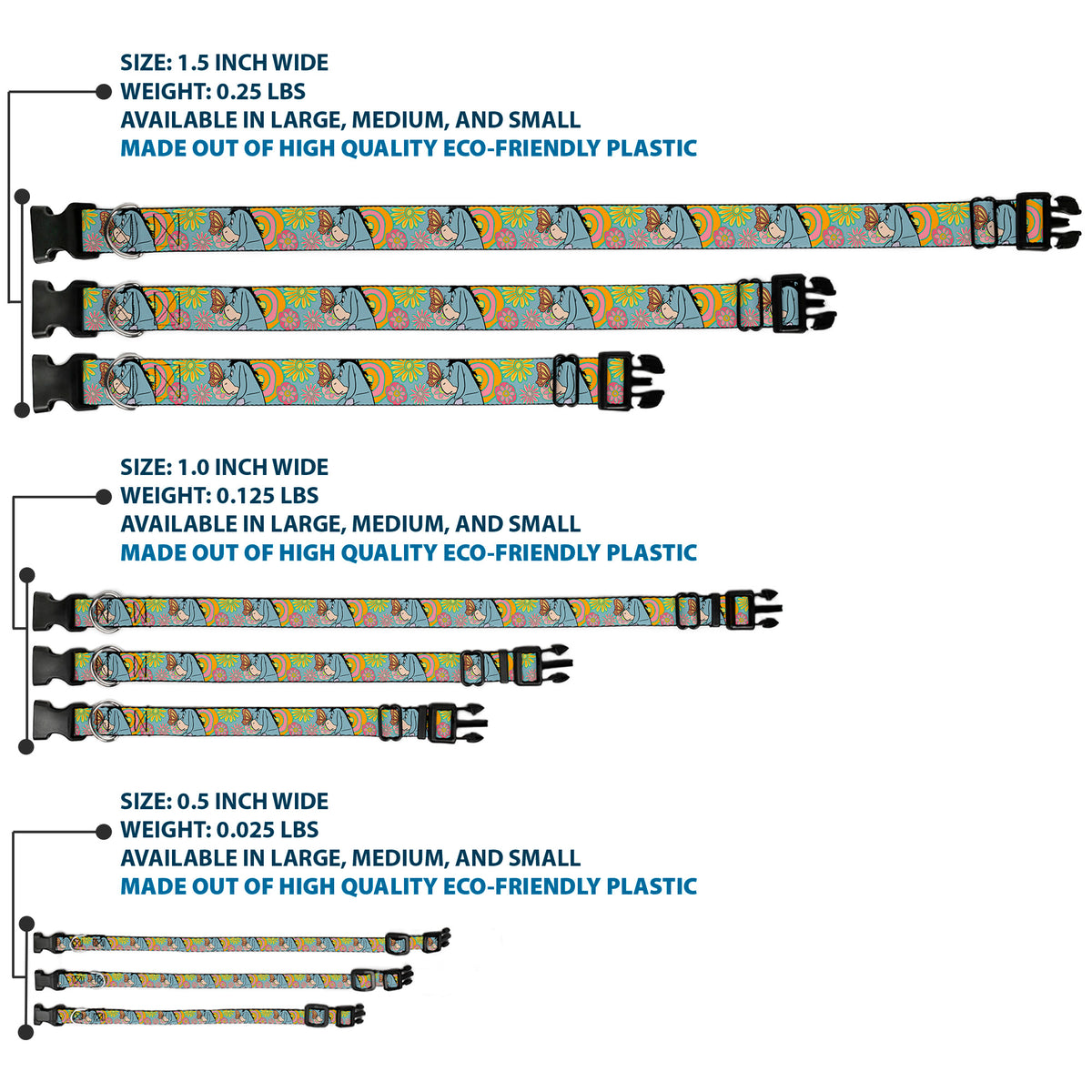 Plastic Clip Collar - Winnie the Pooh Eeyore Butterfly Pose Floral Collage Blue/Pinks/Yellows Dog Collars Plastic Clip Side Release Disney