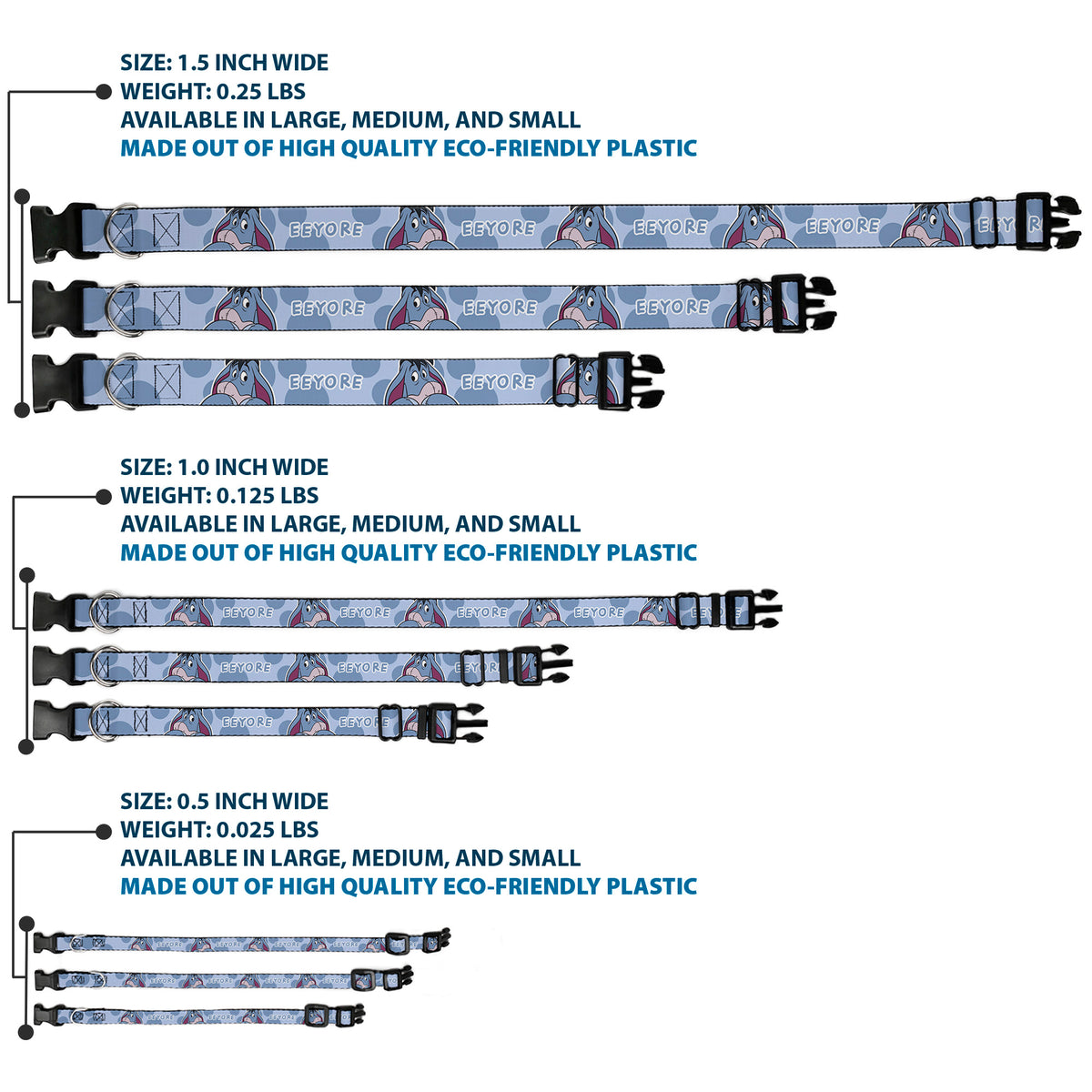 Plastic Clip Collar - Winnie the Pooh Eeyore Text and Expression Close-Up Dot Blues Dog Collars Plastic Clip Side Release Disney