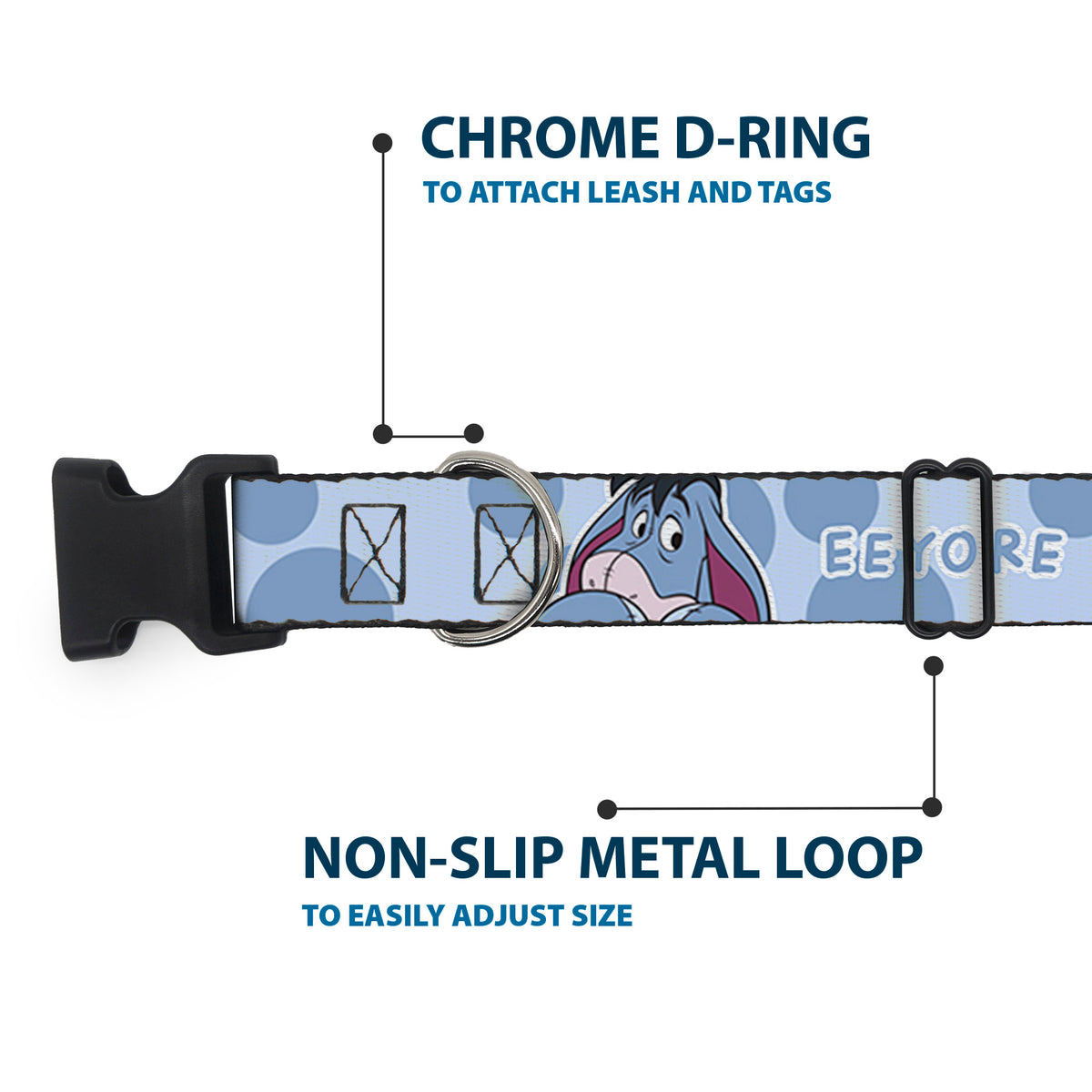 Plastic Clip Collar - Winnie the Pooh Eeyore Text and Expression Close-Up Dot Blues Dog Collars Plastic Clip Side Release Disney