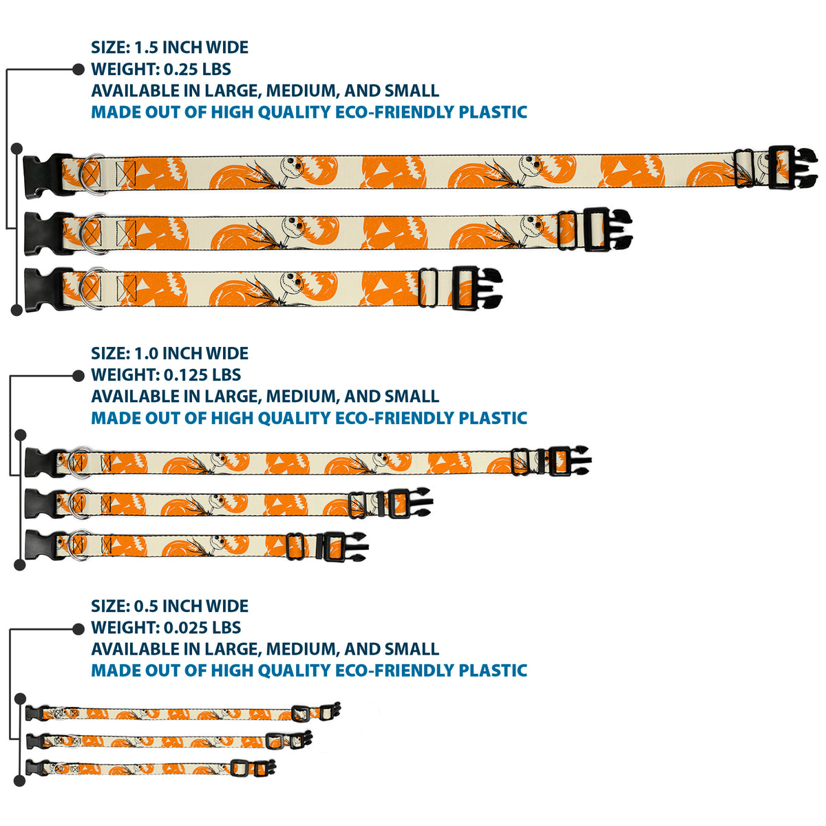 Plastic Clip Collar - The Nightmare Before Christmas Jack Pose and Pumpkins Collage Ivory/Orange/Black Dog Collars Plastic Clip Side Release Disney