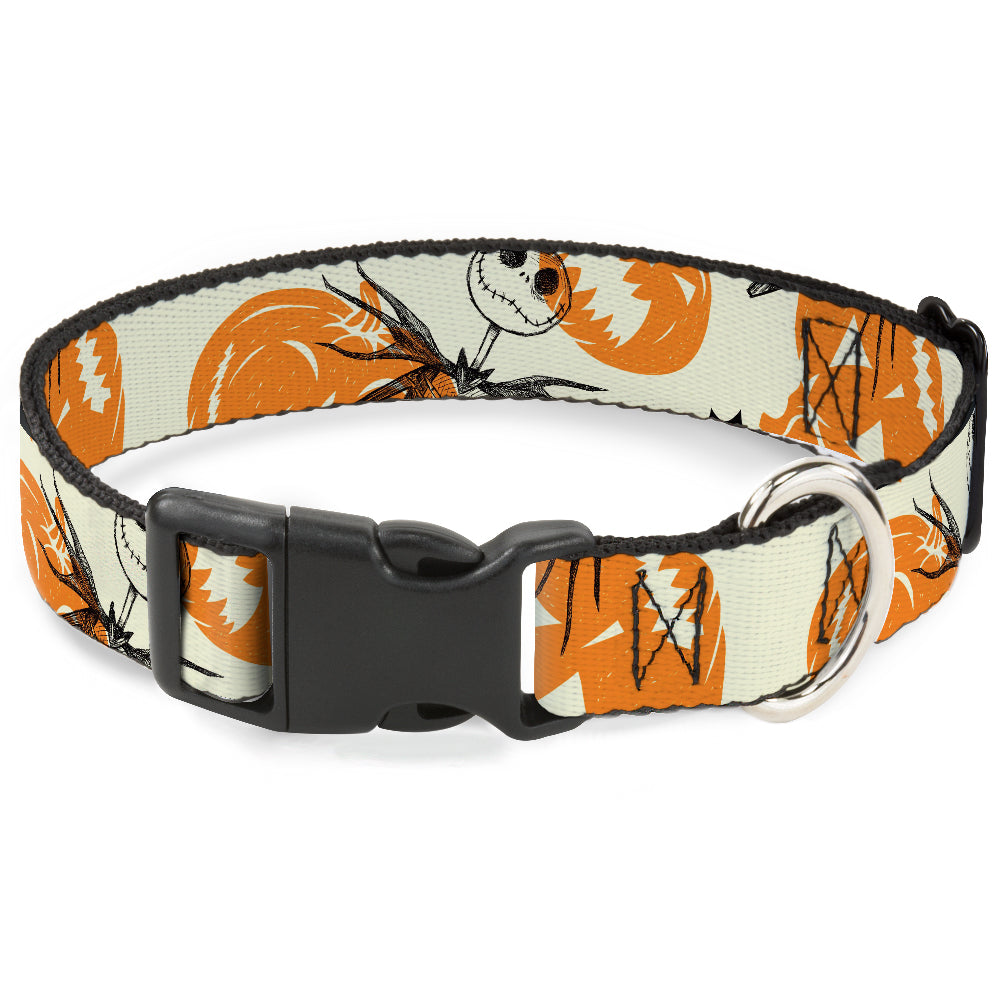 Plastic Clip Collar - The Nightmare Before Christmas Jack Pose and Pumpkins Collage Ivory/Orange/Black Dog Collars Plastic Clip Side Release Disney