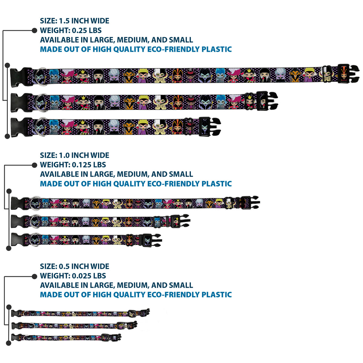 Plastic Clip Collar - Disney 11-Sweet Chibi Villain Poses Polka Dot Black/Lavender Dog Collars Plastic Clip Side Release Disney