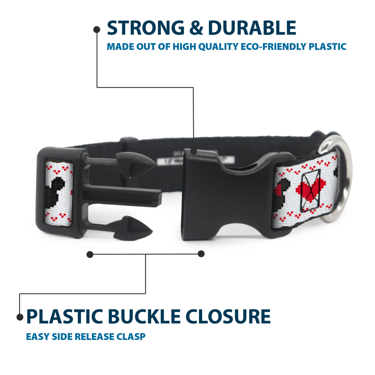 Plastic Clip Collar - Disney Holiday Mickey and Minnie Mouse Heart Sweater Stitch White/Red/Black Dog Collars Plastic Clip Side Release Disney