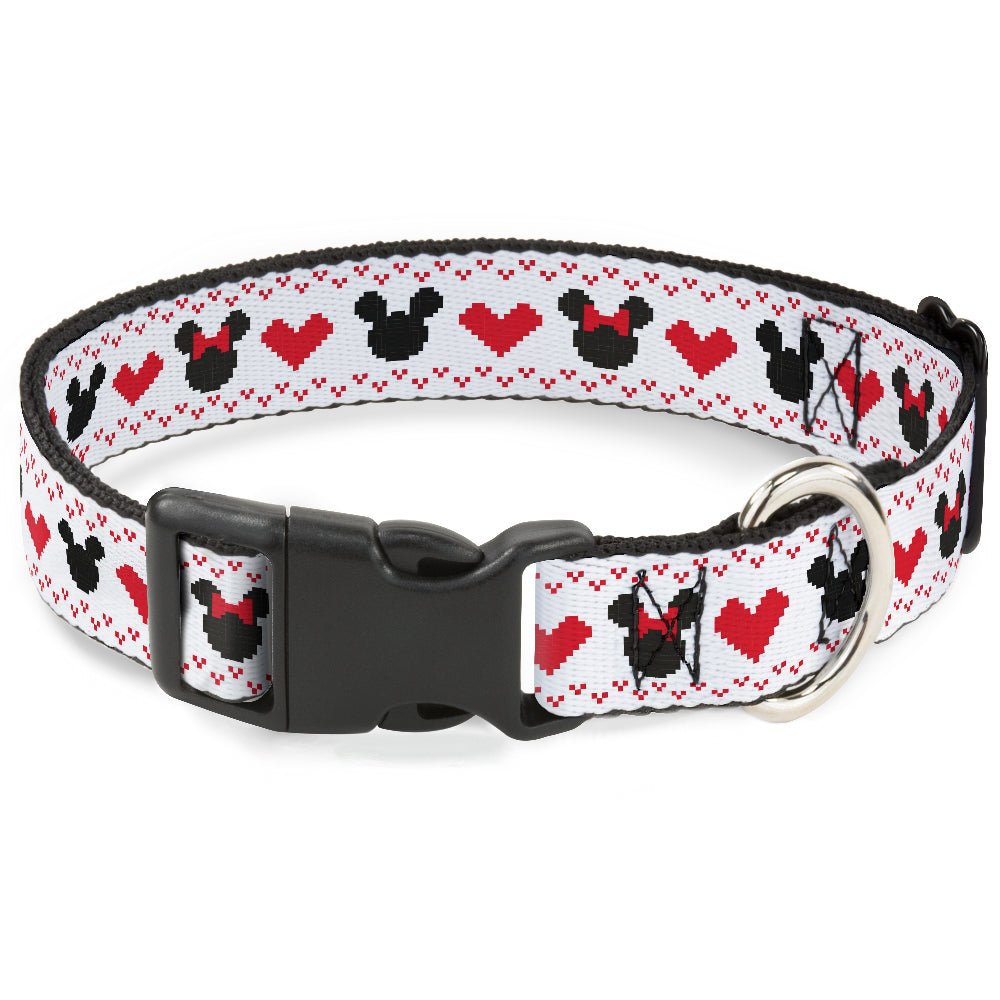 Plastic Clip Collar - Disney Holiday Mickey and Minnie Mouse Heart Sweater Stitch White/Red/Black Dog Collars Plastic Clip Side Release Disney