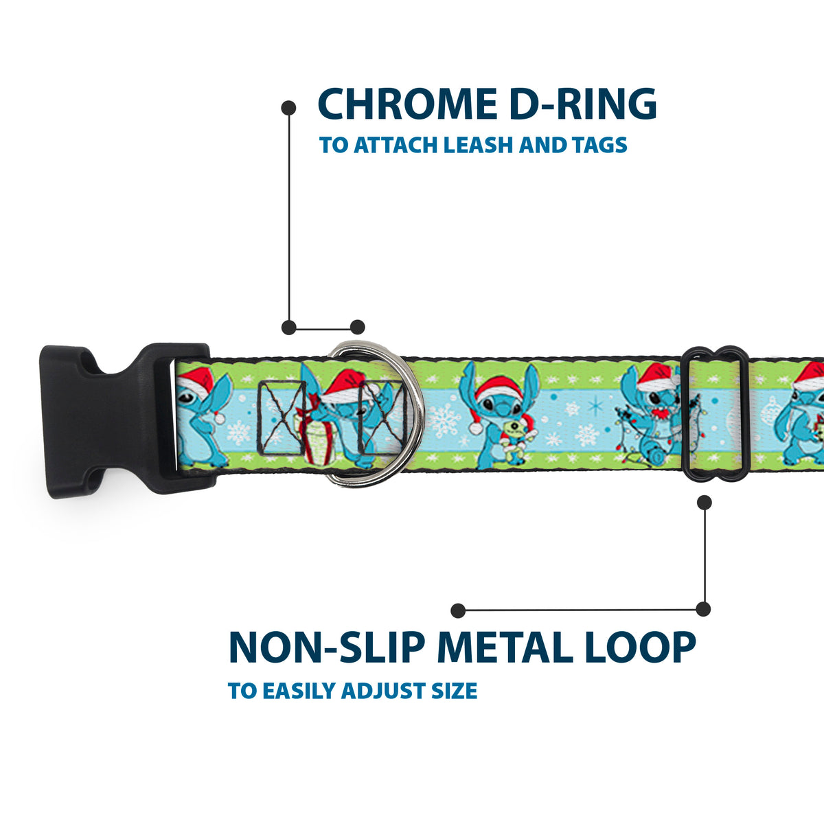 Plastic Clip Collar - Lilo and Stitch Holiday Stitch and Scrump Poses Stripe Green/Blue Dog Collars Plastic Clip Side Release Disney