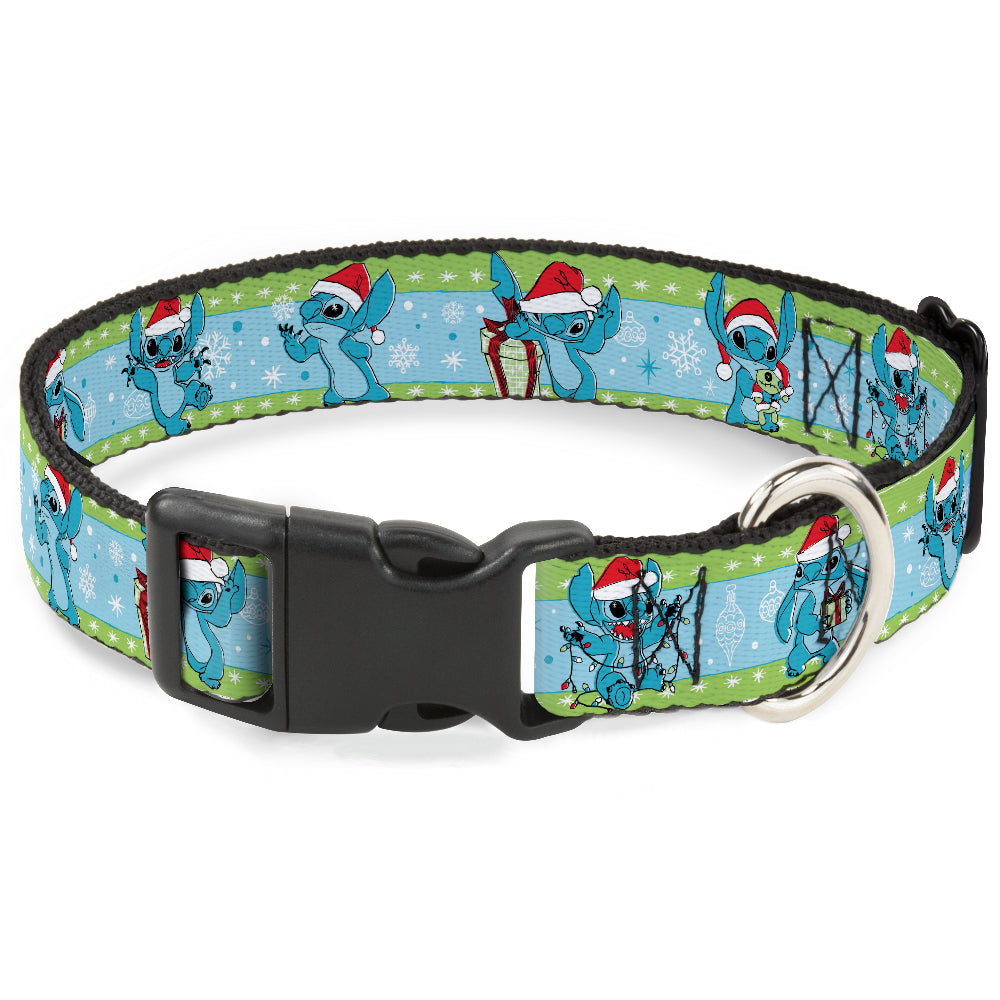 Plastic Clip Collar - Lilo and Stitch Holiday Stitch and Scrump Poses Stripe Green/Blue Dog Collars Plastic Clip Side Release Disney