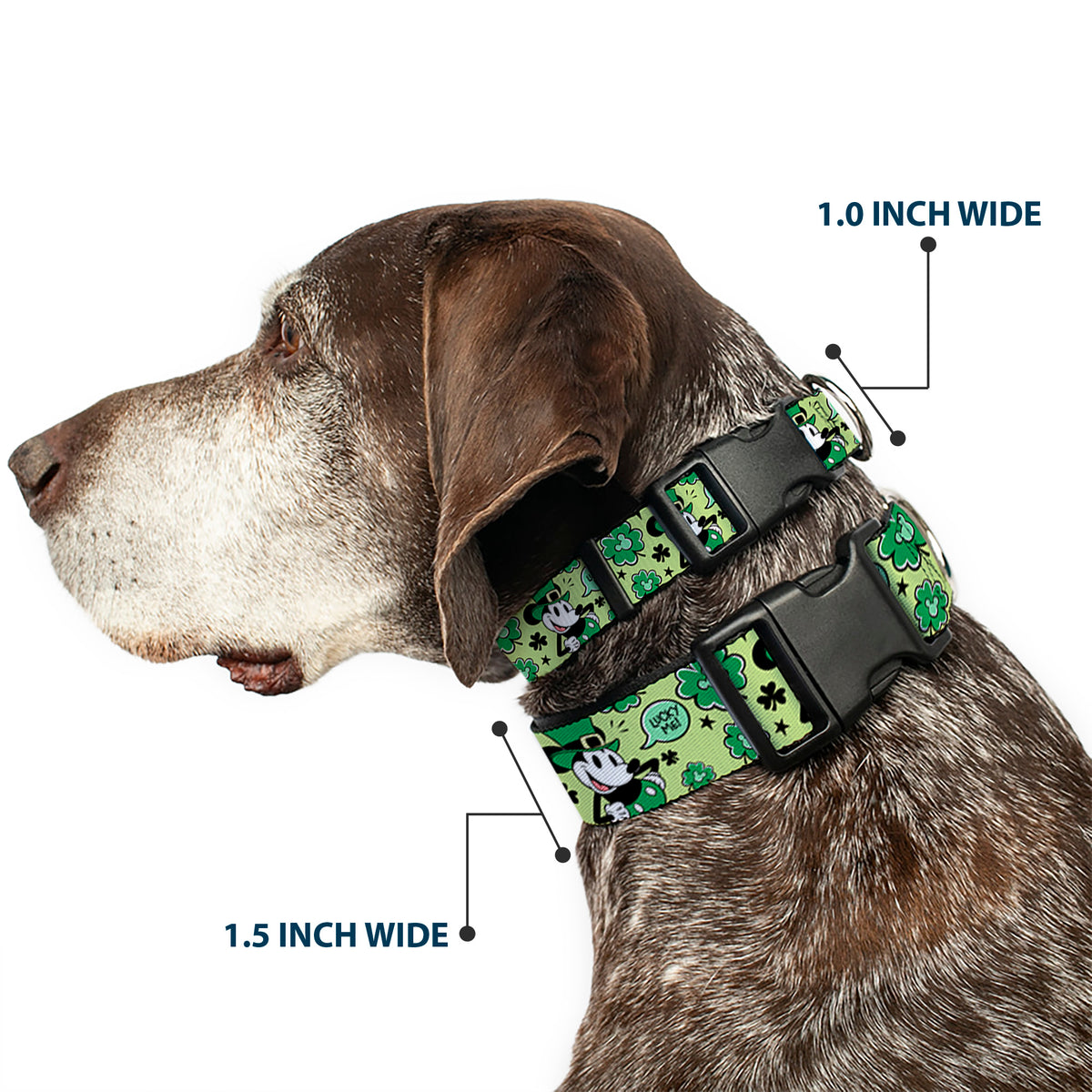 Plastic Clip Collar - Mickey Mouse St. Patrick's Day LUCKY ME Leprechaun Pose and Shamrocks Greens Dog Collars Plastic Clip Side Release Disney