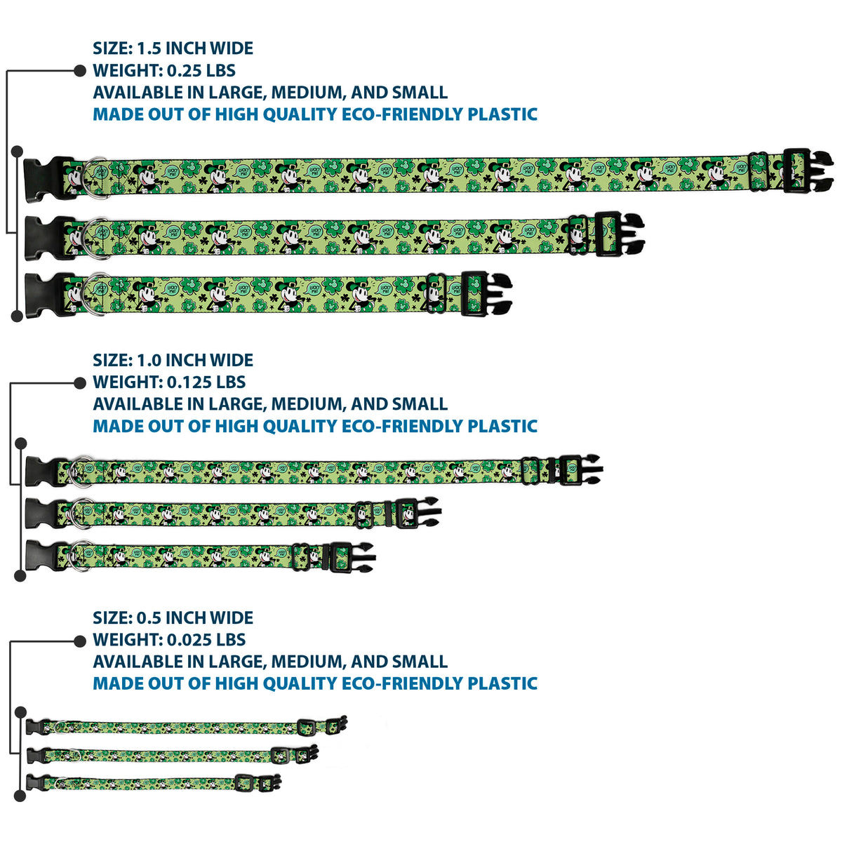 Plastic Clip Collar - Mickey Mouse St. Patrick's Day LUCKY ME Leprechaun Pose and Shamrocks Greens Dog Collars Plastic Clip Side Release Disney