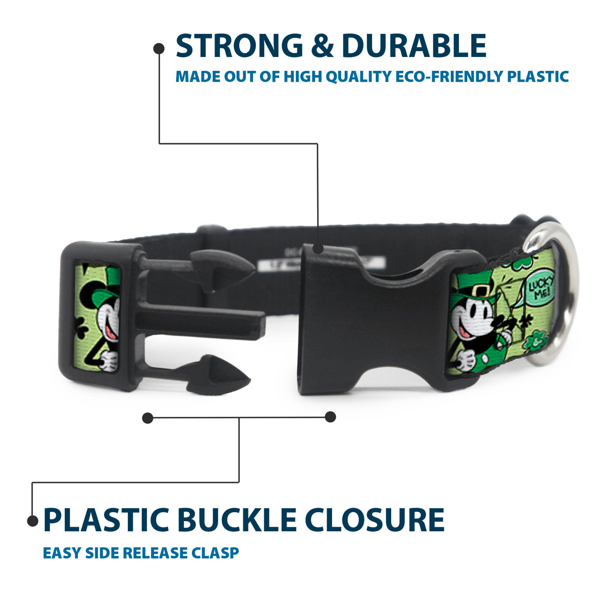 Plastic Clip Collar - Mickey Mouse St. Patrick's Day LUCKY ME Leprechaun Pose and Shamrocks Greens Dog Collars Plastic Clip Side Release Disney