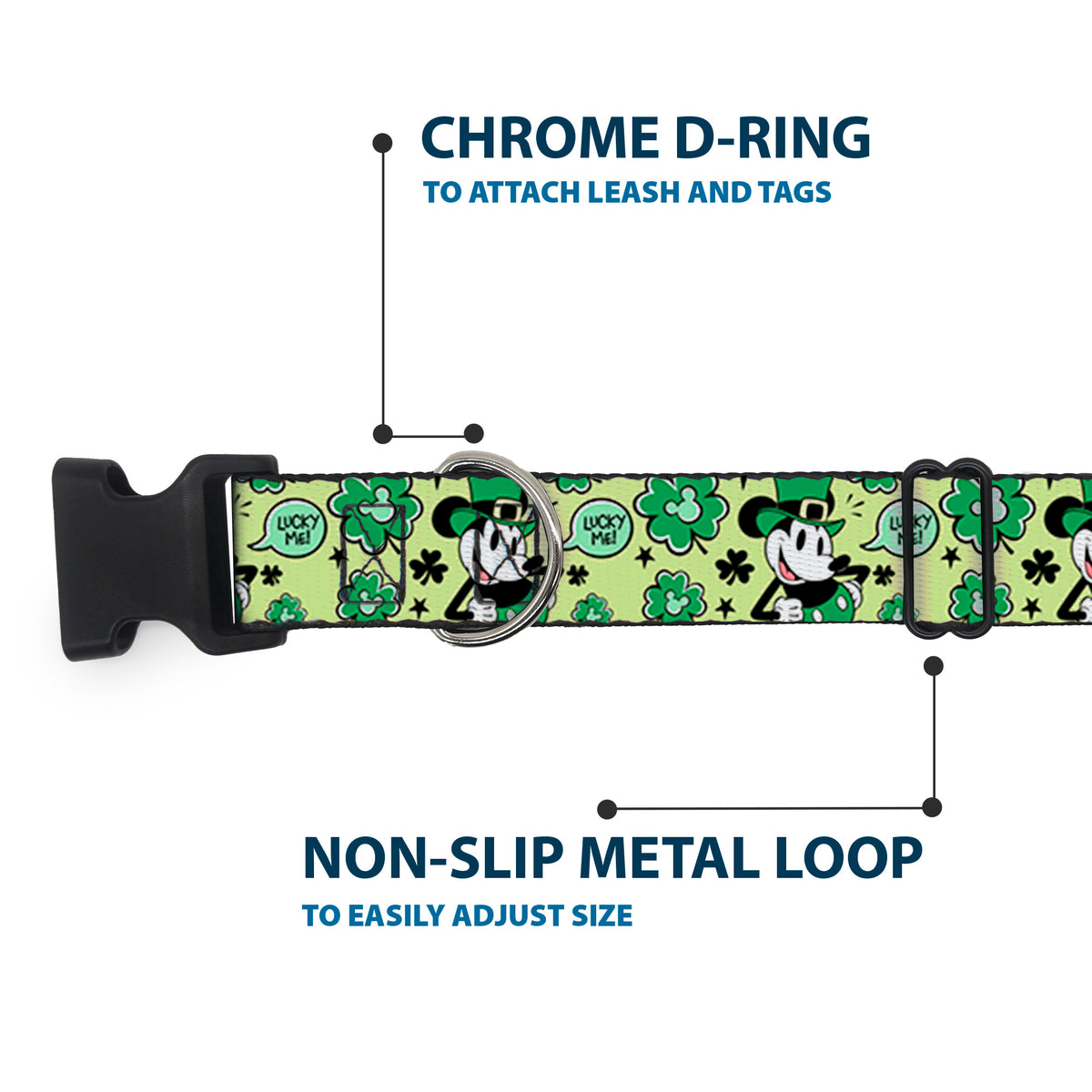 Plastic Clip Collar - Mickey Mouse St. Patrick's Day LUCKY ME Leprechaun Pose and Shamrocks Greens Dog Collars Plastic Clip Side Release Disney