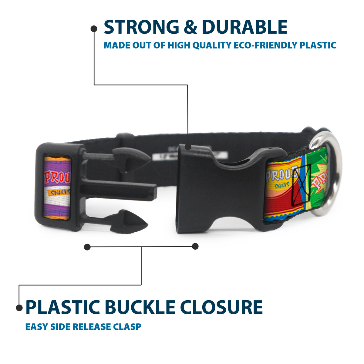 Plastic Clip Collar - The Proud Family PROUD SNACKS Logo Blocks Multi Color Dog Collars Plastic Clip Side Release Disney