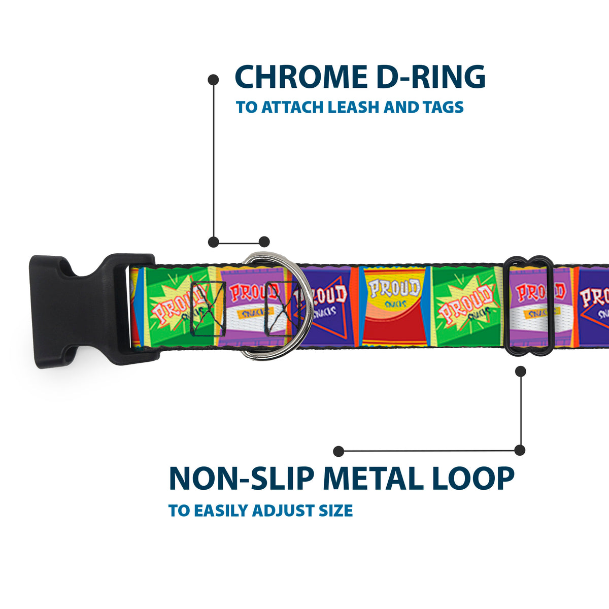 Plastic Clip Collar - The Proud Family PROUD SNACKS Logo Blocks Multi Color Dog Collars Plastic Clip Side Release Disney