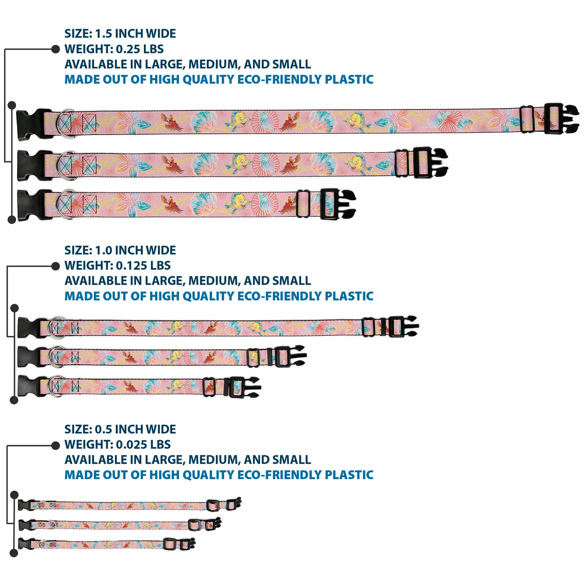 Plastic Clip Collar - The Little Mermaid Flounder and Sebastian Under the Sea Pinks Dog Collars Plastic Clip Side Release Disney