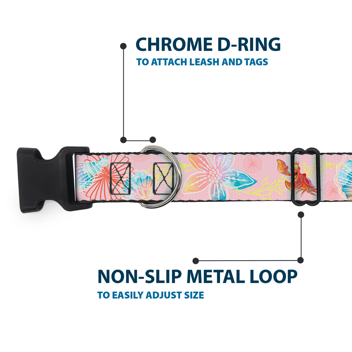 Plastic Clip Collar - The Little Mermaid Flounder and Sebastian Under the Sea Pinks Dog Collars Plastic Clip Side Release Disney
