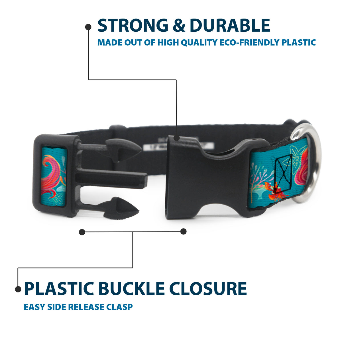 Plastic Clip Collar - The Little Mermaid Flounder and Sebastian Under the Sea Greens Dog Collars Plastic Clip Side Release Disney