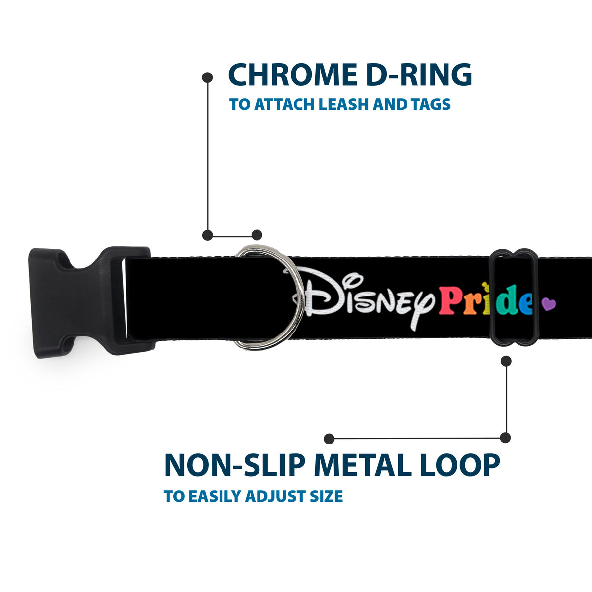 Plastic Clip Collar - DISNEY PRIDE Signature Logo Black/White/Rainbow Dog Collars Plastic Clip Side Release Disney