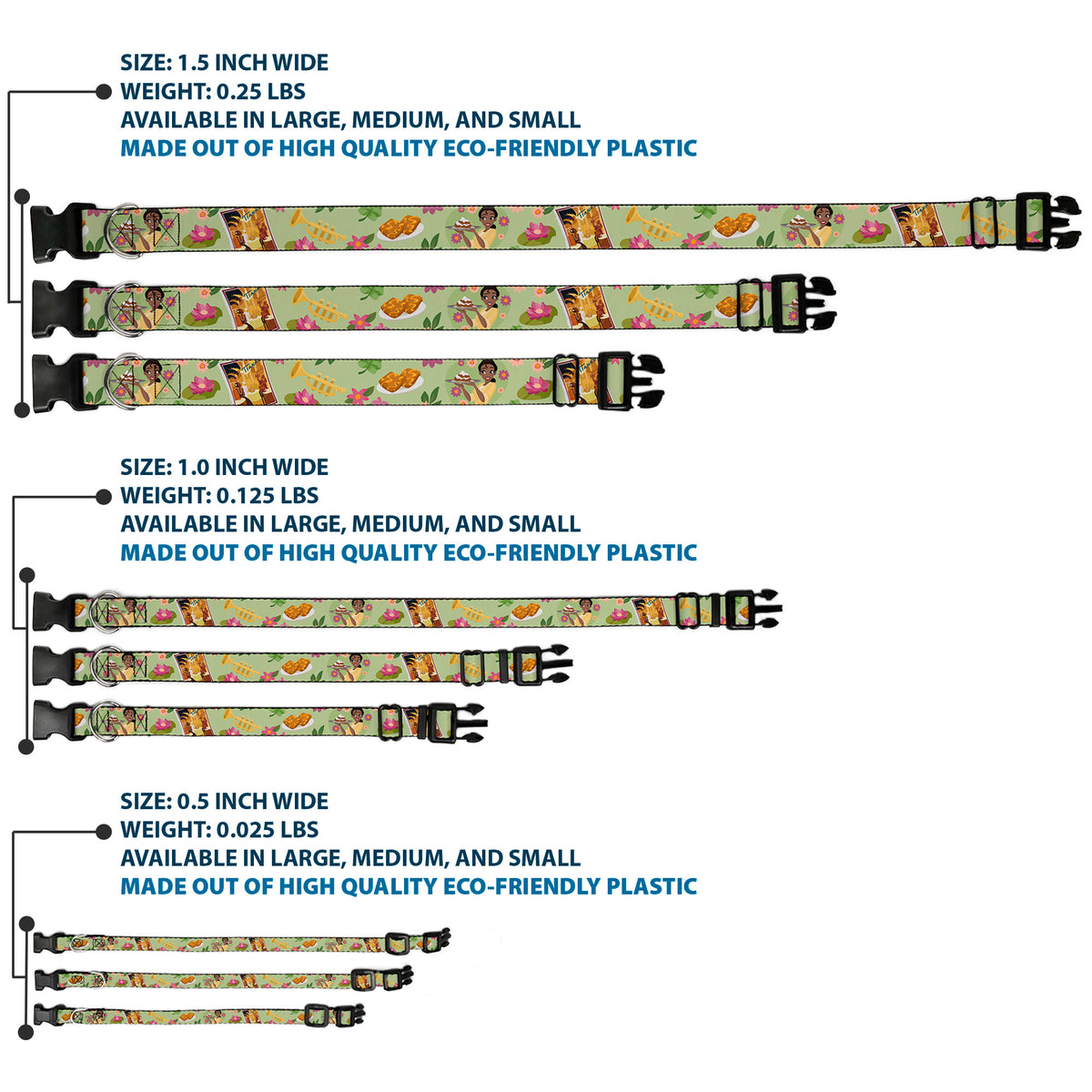Plastic Clip Collar - The Princess and the Frog Tiana's Place Collage Greens/Pinks Dog Collars Plastic Clip Side Release Disney
