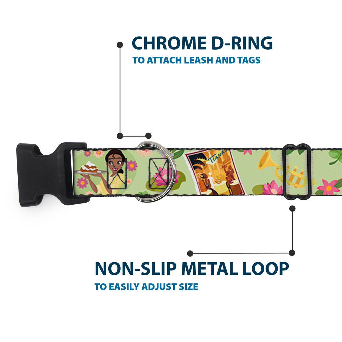 Plastic Clip Collar - The Princess and the Frog Tiana's Place Collage Greens/Pinks Dog Collars Plastic Clip Side Release Disney