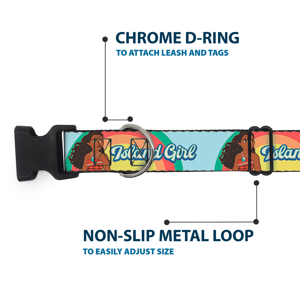 Plastic Clip Collar - Moana ISLAND GIRL Rainbow Pose Blue/Multi Color Dog Collars Plastic Clip Side Release Disney