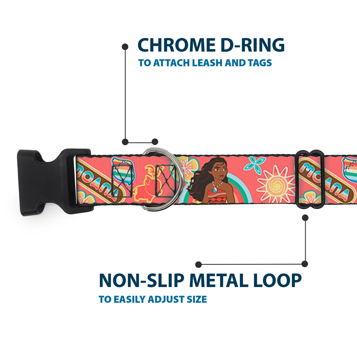 Plastic Clip Collar - Moana Pose and Icons Collage Pink Dog Collars Plastic Clip Side Release Disney