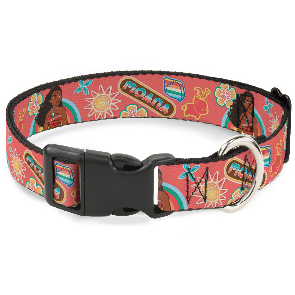 Plastic Clip Collar - Moana Pose and Icons Collage Pink Dog Collars Plastic Clip Side Release Disney