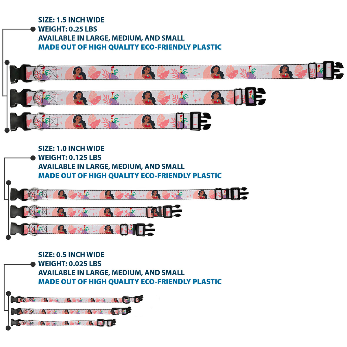 Plastic Clip Collar - Moana and Hei Hei Poses with Flowers Beige/Orange Dog Collars Plastic Clip Side Release Disney