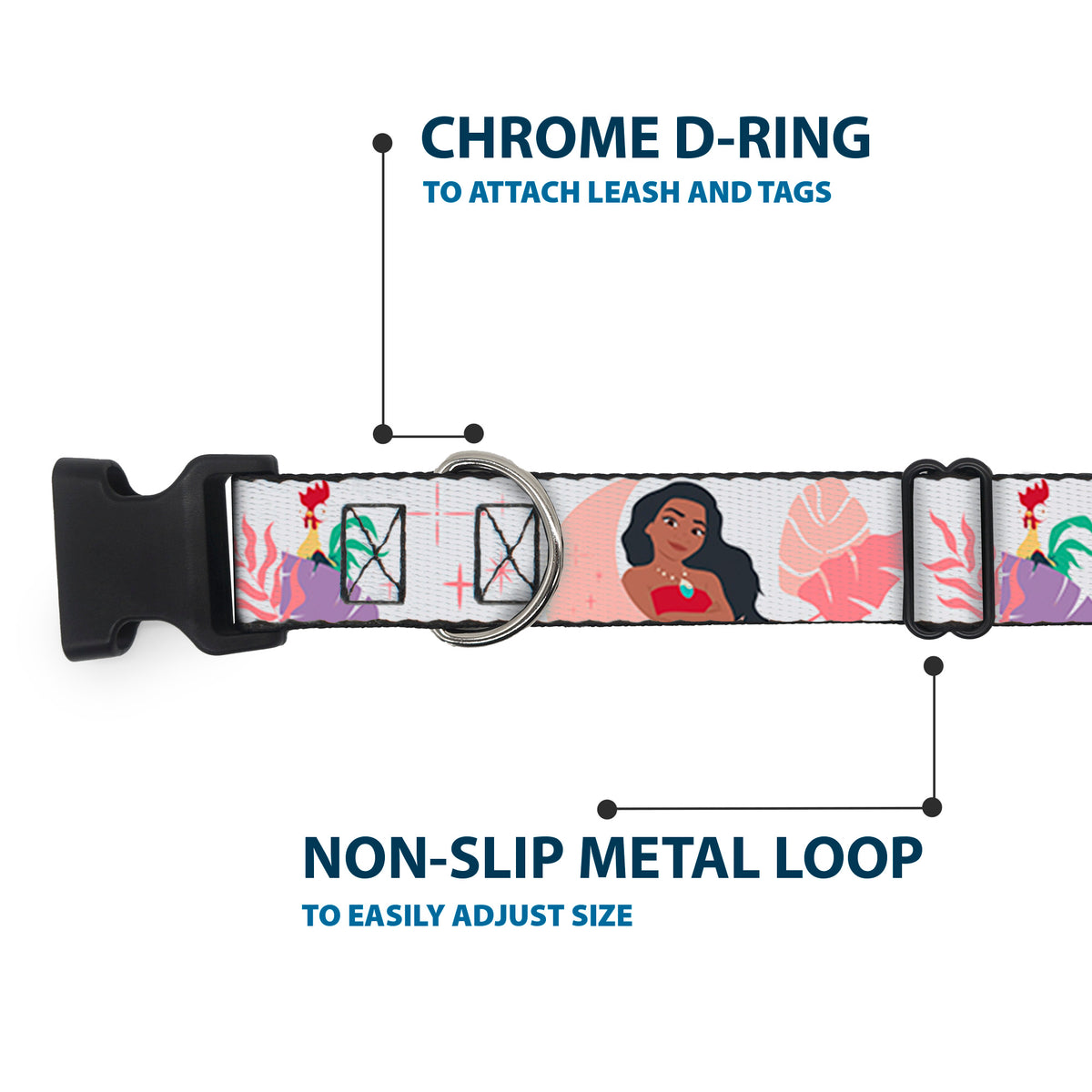 Plastic Clip Collar - Moana and Hei Hei Poses with Flowers Beige/Orange Dog Collars Plastic Clip Side Release Disney