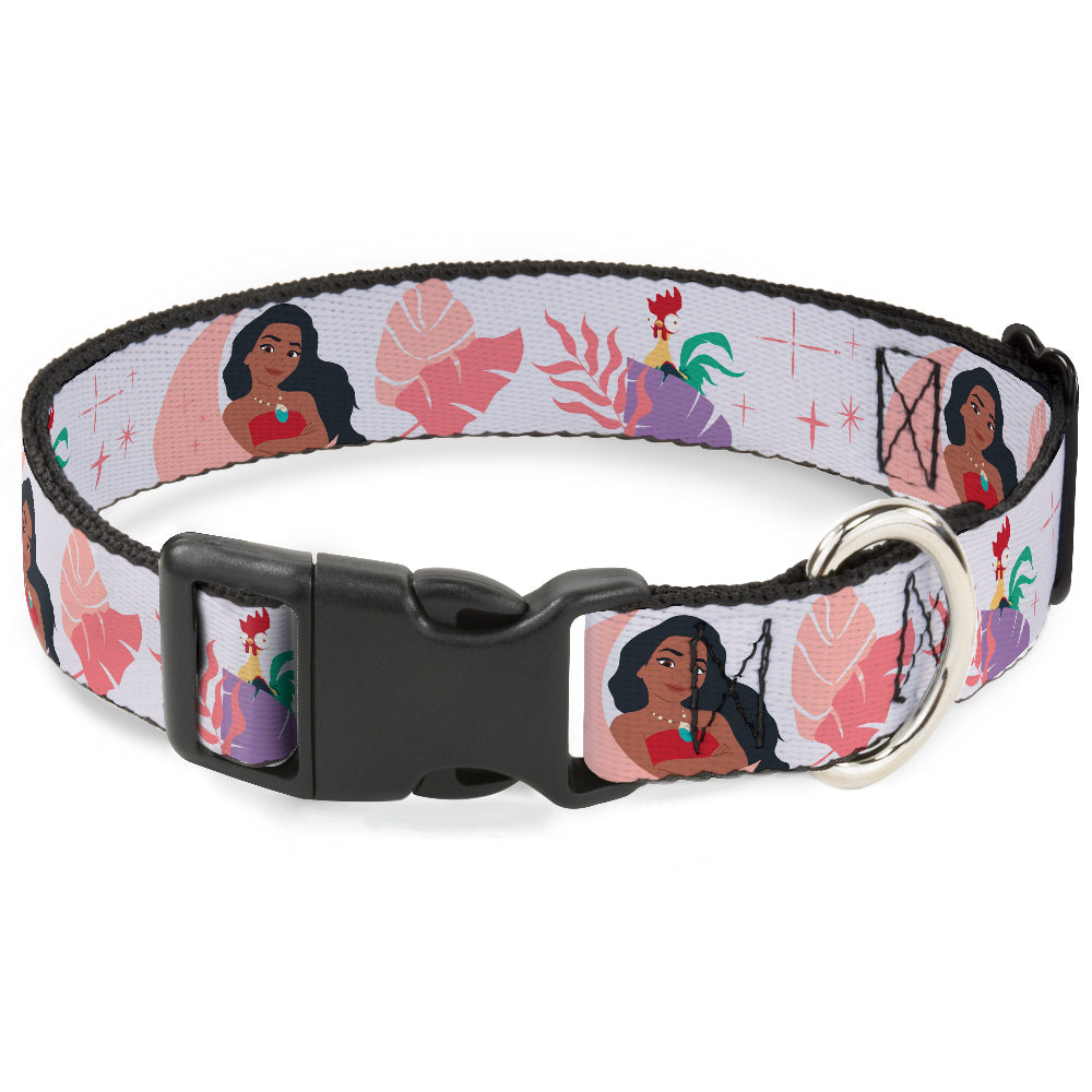 Plastic Clip Collar - Moana and Hei Hei Poses with Flowers Beige/Orange Dog Collars Plastic Clip Side Release Disney