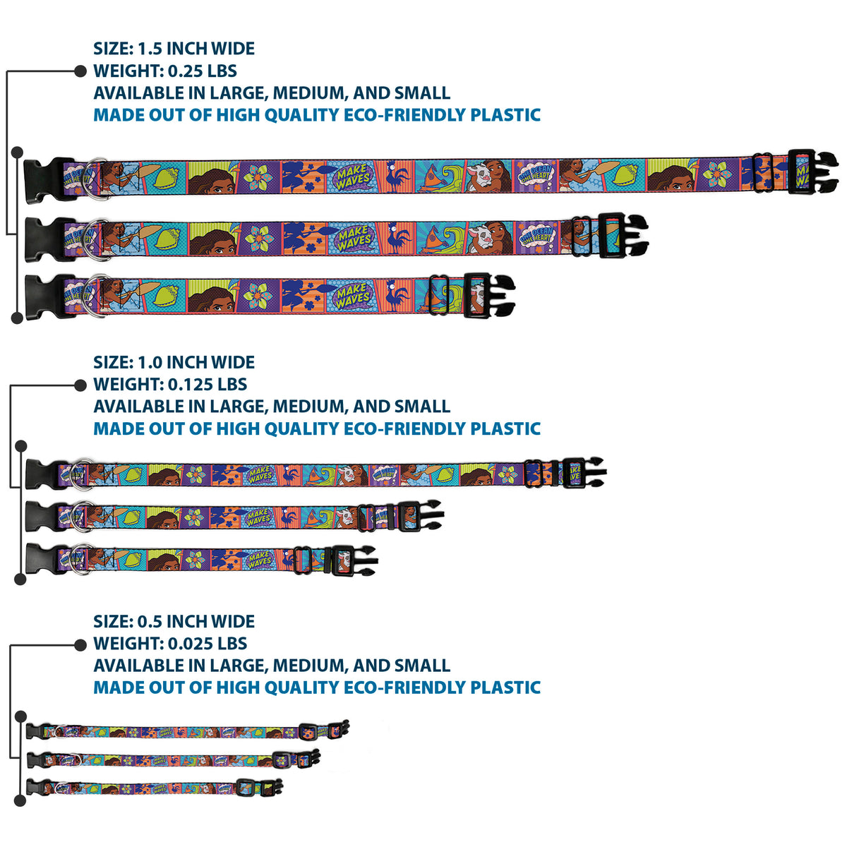 Plastic Clip Collar - Moana MAKE WAVES Scene Blocks Blues/Orange Dog Collars Plastic Clip Side Release Disney