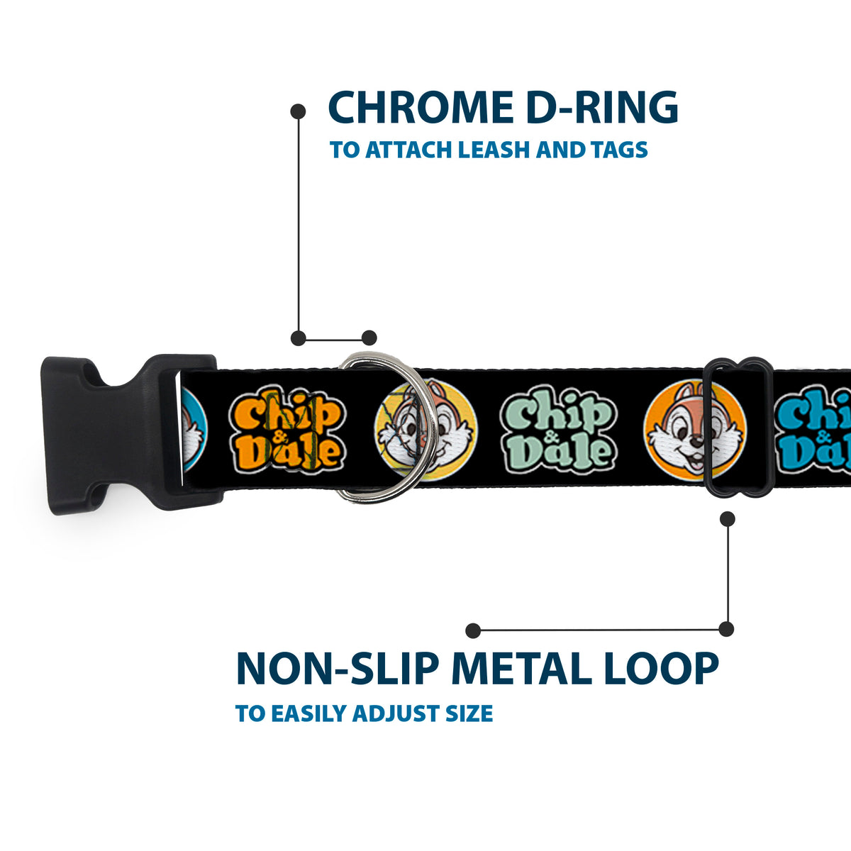Plastic Clip Collar - CHIP & DALE Expression Bubbles Black/Multi Color Dog Collars Plastic Clip Side Release Disney